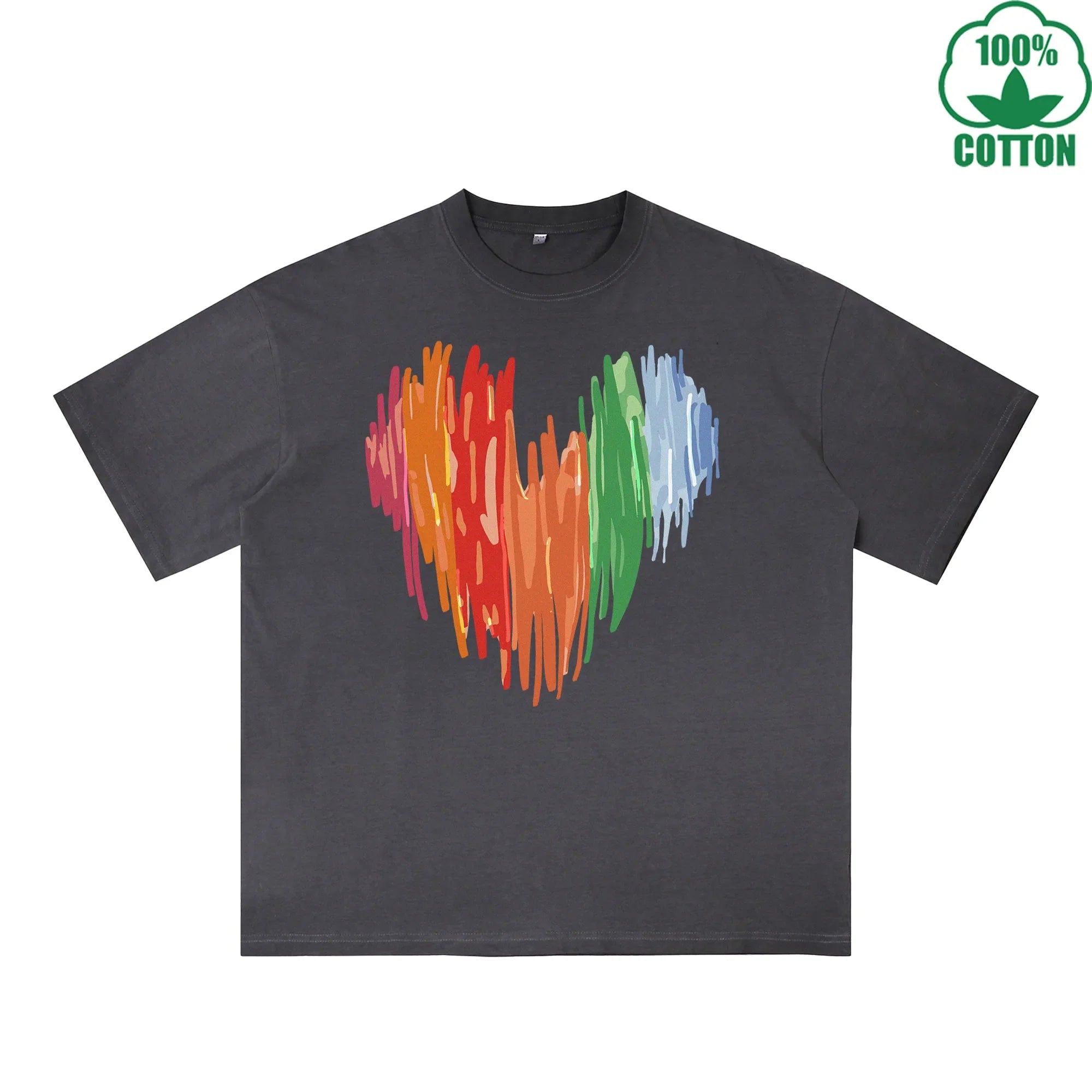 BOGGO  Colorful Heart Printed Dirty WashT-Shirt 230G Multicolor Loose Trendy Short Sleeves Fashionable 100%Cotton Top