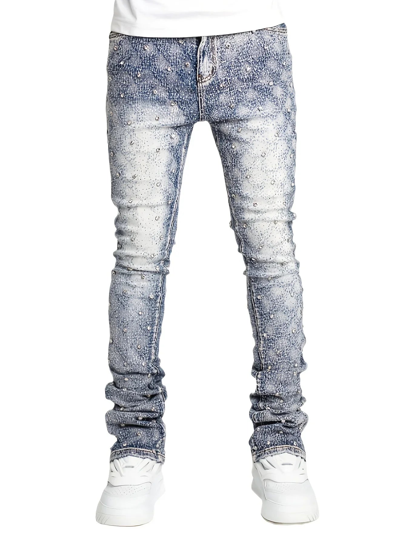 BOGGOMen's denim fashion personality straight leg men's pants European and American fashion Instagram hot item elastic pearl denim la