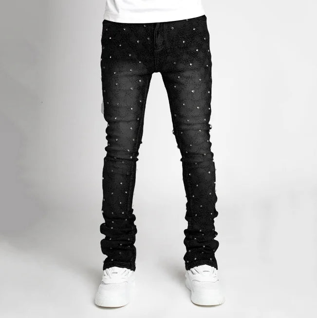 BOGGOMen's denim fashion personality straight leg men's pants European and American fashion Instagram hot item elastic pearl denim la