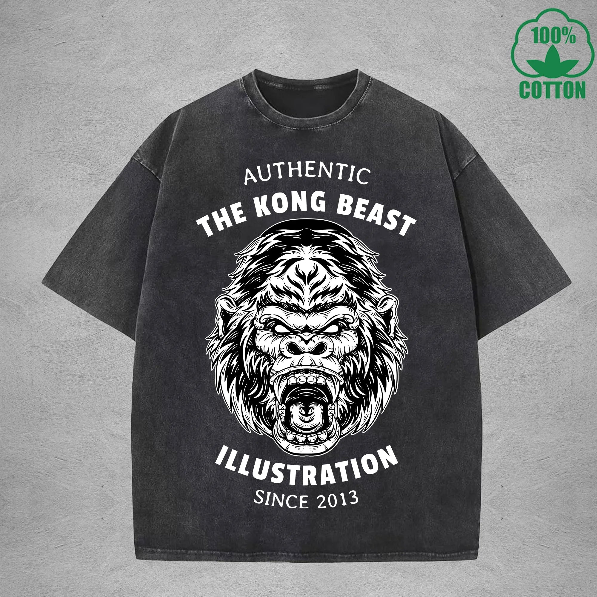 BOGGO  Angry GorillaInterest Printed Washed T-Shirt 230G Multicolor Loose Trendy Fashionable 100%Cotton Short Sleeve Top