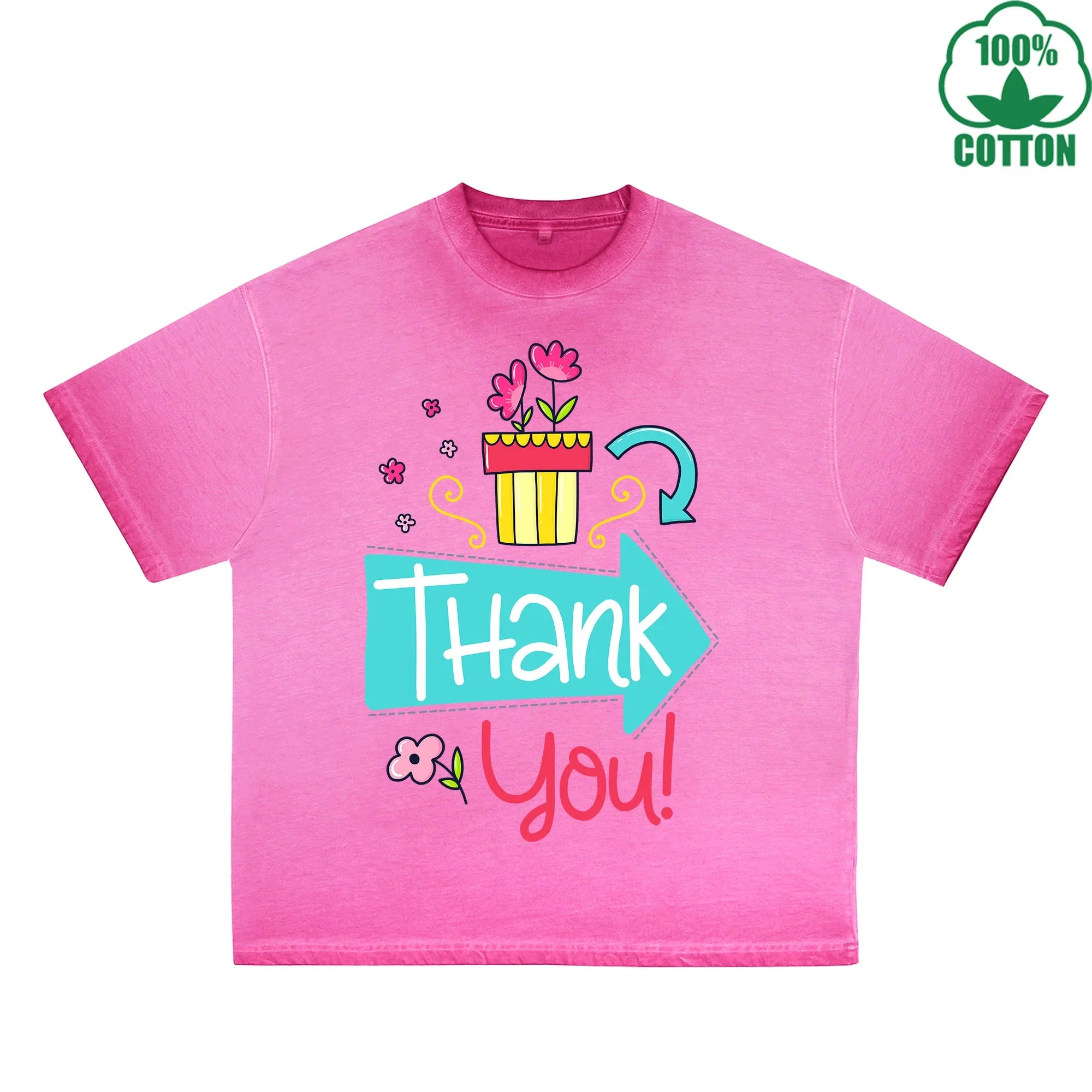 BOGGO  Thank You Printed Dirty WashT-Shirt 230G Multicolor Loose Trendy Fashionable 100%Cotton Short Sleeve Top