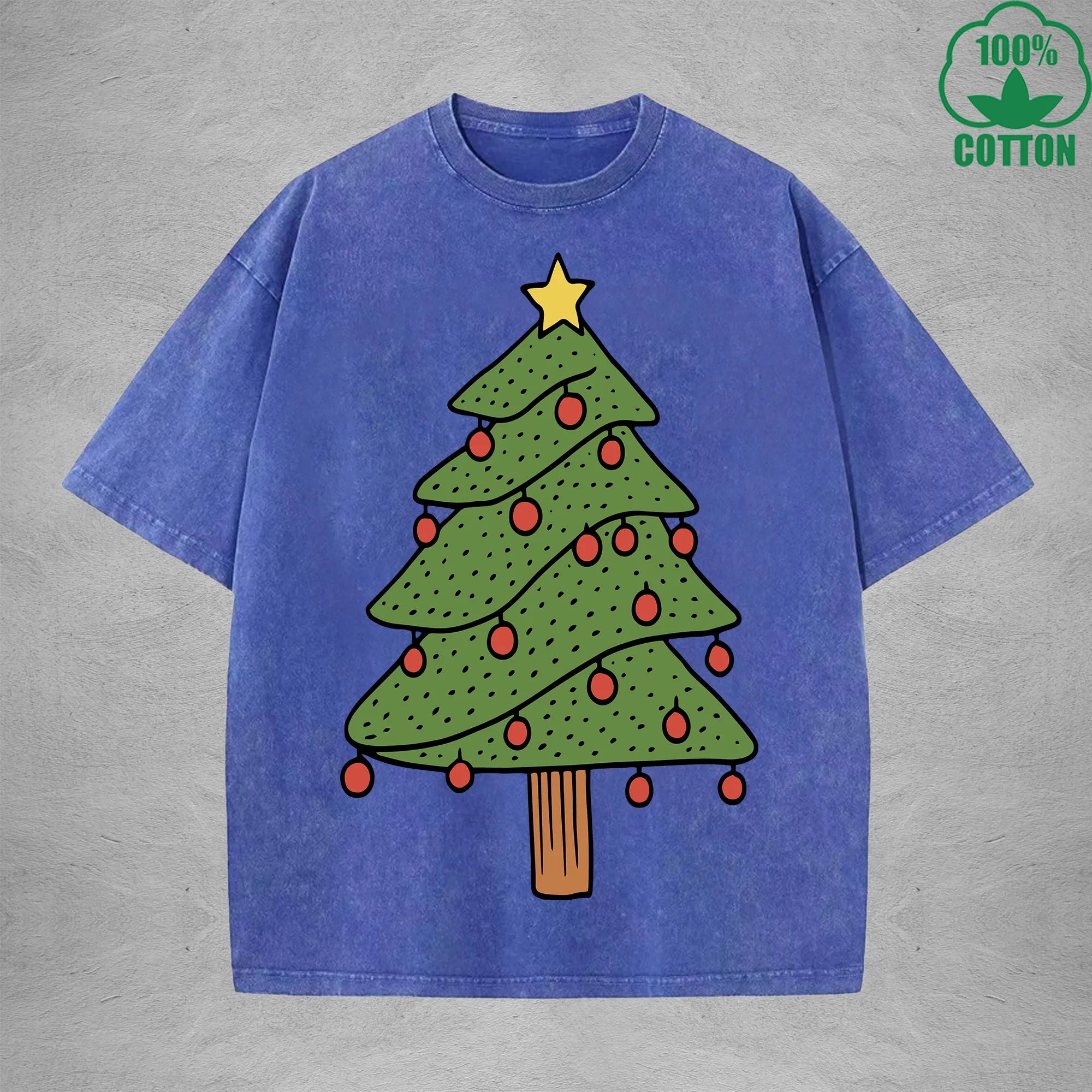 BOGGO  Christmas Tree Interest Printed Washed T-Shirt 230G Multicolor Loose Trendy Fashionable 100%Cotton Short Sleeve Top