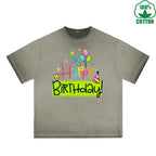 BOGGO  Happy Birthday Printed Dirty WashT-Shirt 230G Multicolor Loose Trendy Fashionable 100%Cotton Short Sleeve Top