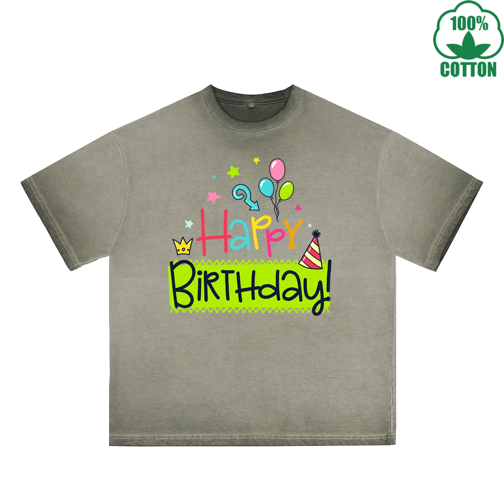 BOGGO  Happy Birthday Printed Dirty WashT-Shirt 230G Multicolor Loose Trendy Fashionable 100%Cotton Short Sleeve Top