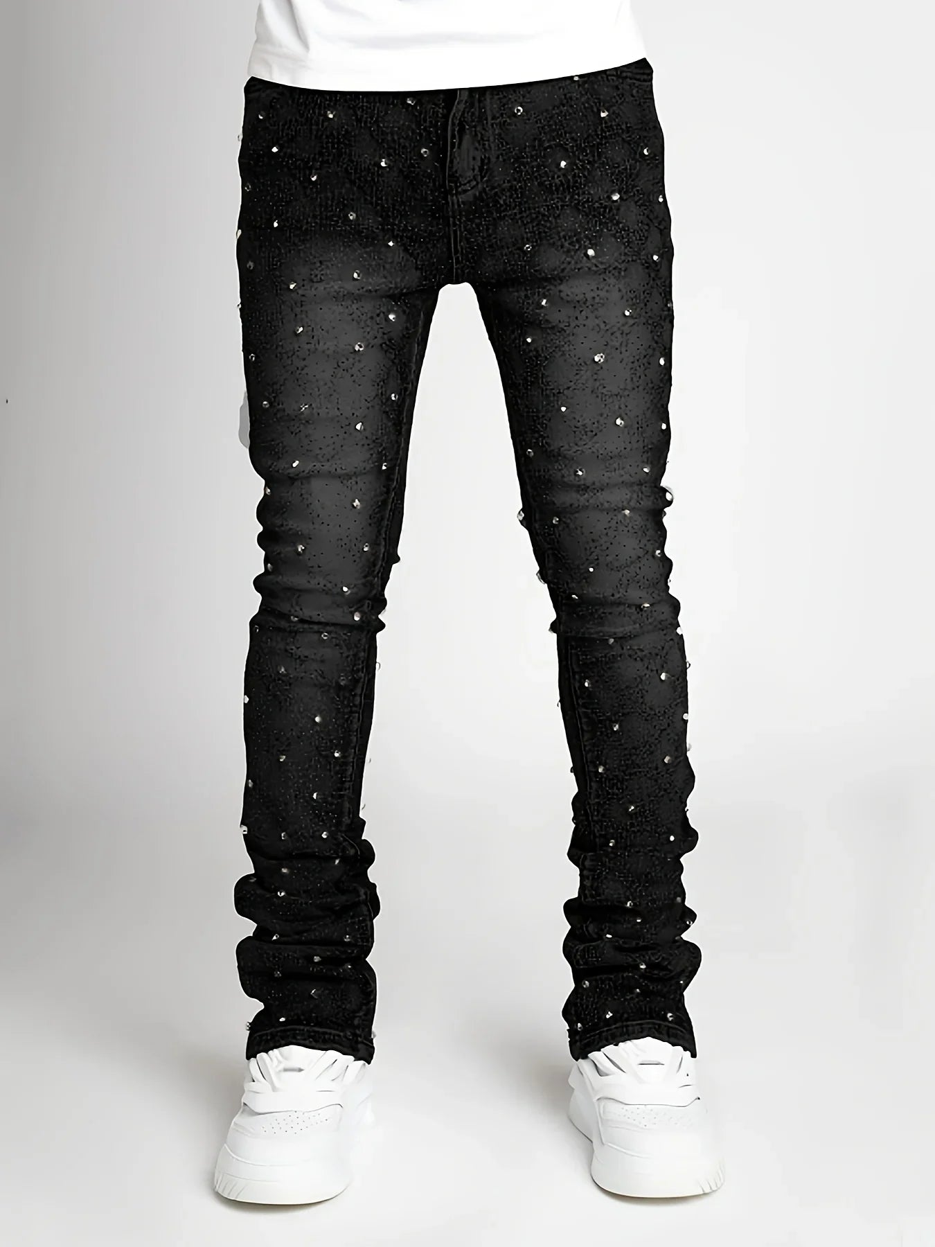 BOGGOMen's denim fashion personality straight leg men's pants European and American fashion Instagram hot item elastic pearl denim la