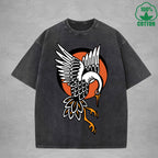 BOGGO  Red Crowned CraneInterest Printed Washed T-Shirt 230G Multicolor Loose Trendy Fashionable 100%Cotton Short Sleeve Top