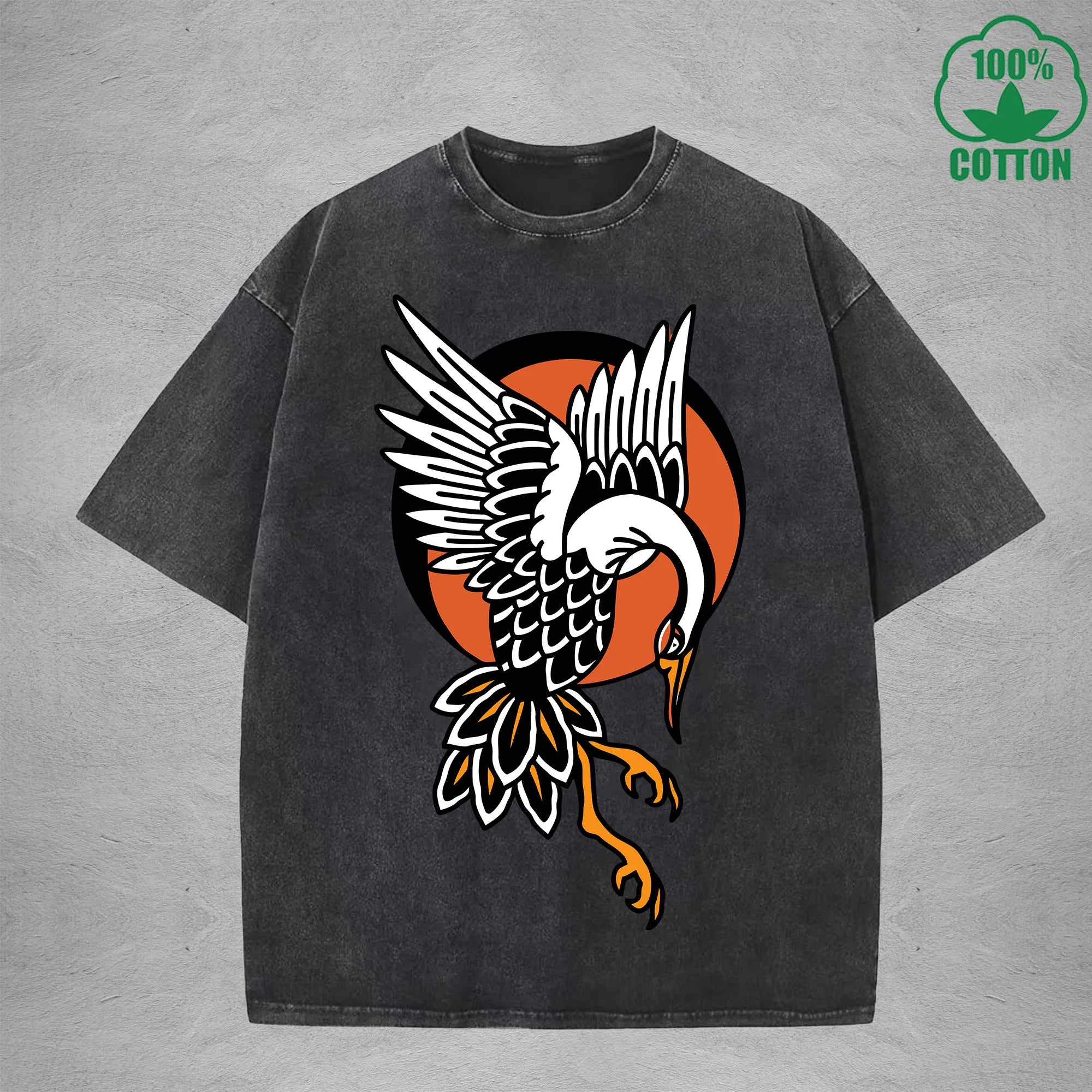 BOGGO  Red Crowned CraneInterest Printed Washed T-Shirt 230G Multicolor Loose Trendy Fashionable 100%Cotton Short Sleeve Top