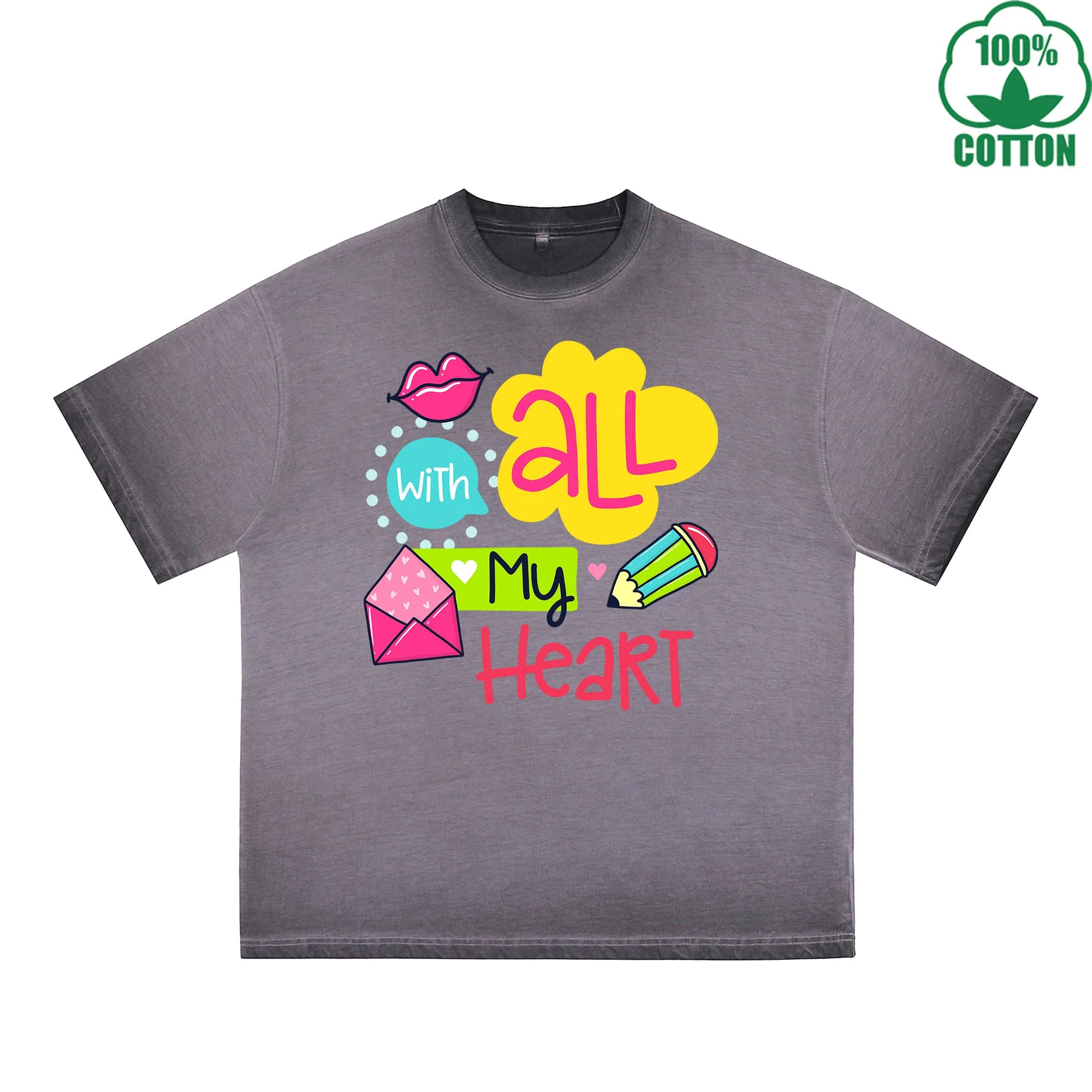 BOGGO  With All My Heart Printed Dirty WashT-Shirt 230G Multicolor Loose Trendy Fashionable 100%Cotton Short Sleeve Top