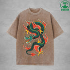 BOGGO  Eastern DragonInterest Printed Washed T-Shirt 230G Multicolor Loose Trendy Fashionable 100%Cotton Short Sleeve Top