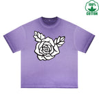 BOGGO  Rose Printed Dirty WashT-Shirt 230G Multicolor Loose Trendy Fashionable 100%Cotton Short Sleeve Top