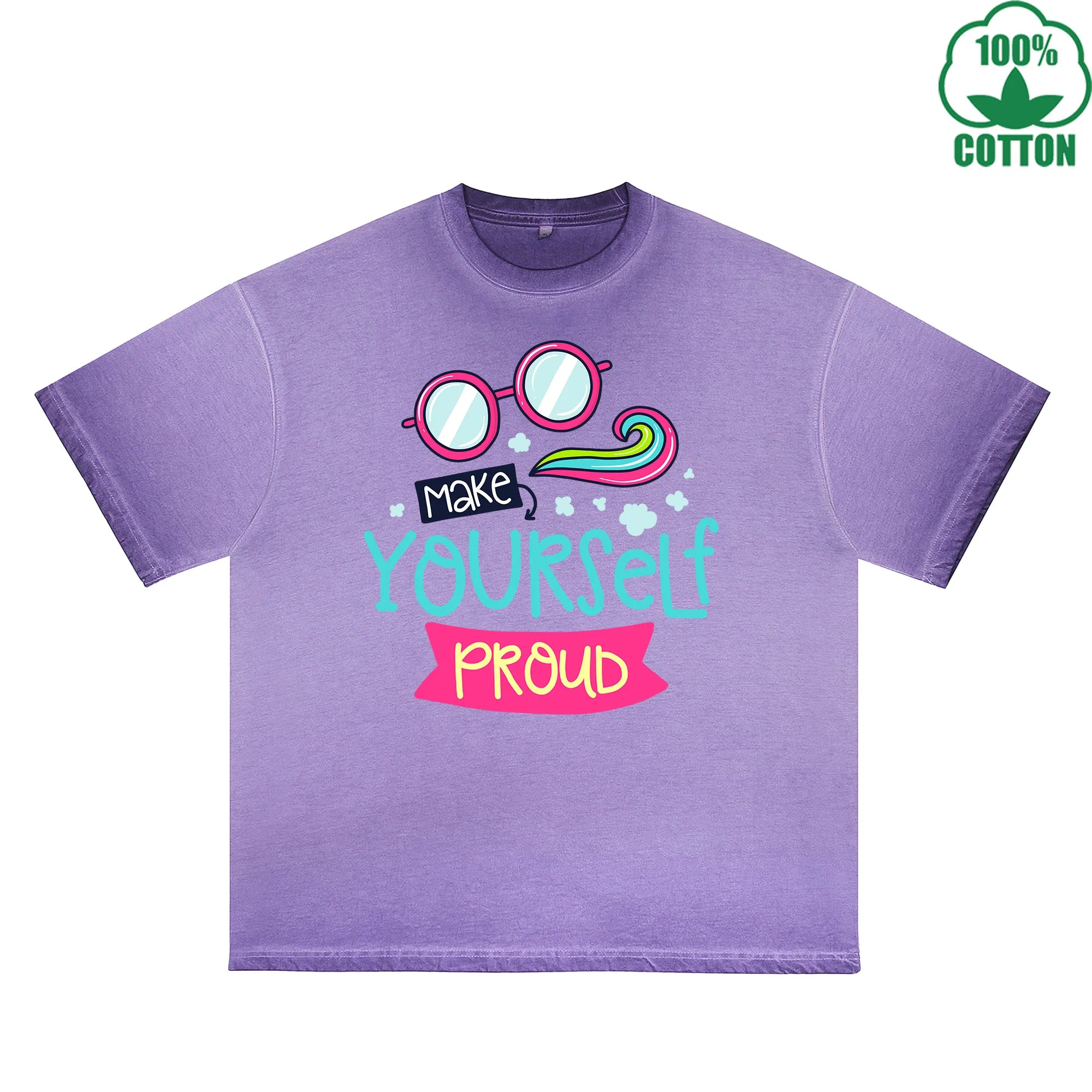 BOGGO  Make Yourself Proud Printed Dirty WashT-Shirt 230G Multicolor Loose Trendy Fashionable 100%Cotton Short Sleeve Top