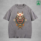 BOGGO  Demon MaskInterest Printed Washed T-Shirt 230G Multicolor Loose Trendy Fashionable 100%Cotton Short Sleeve Top