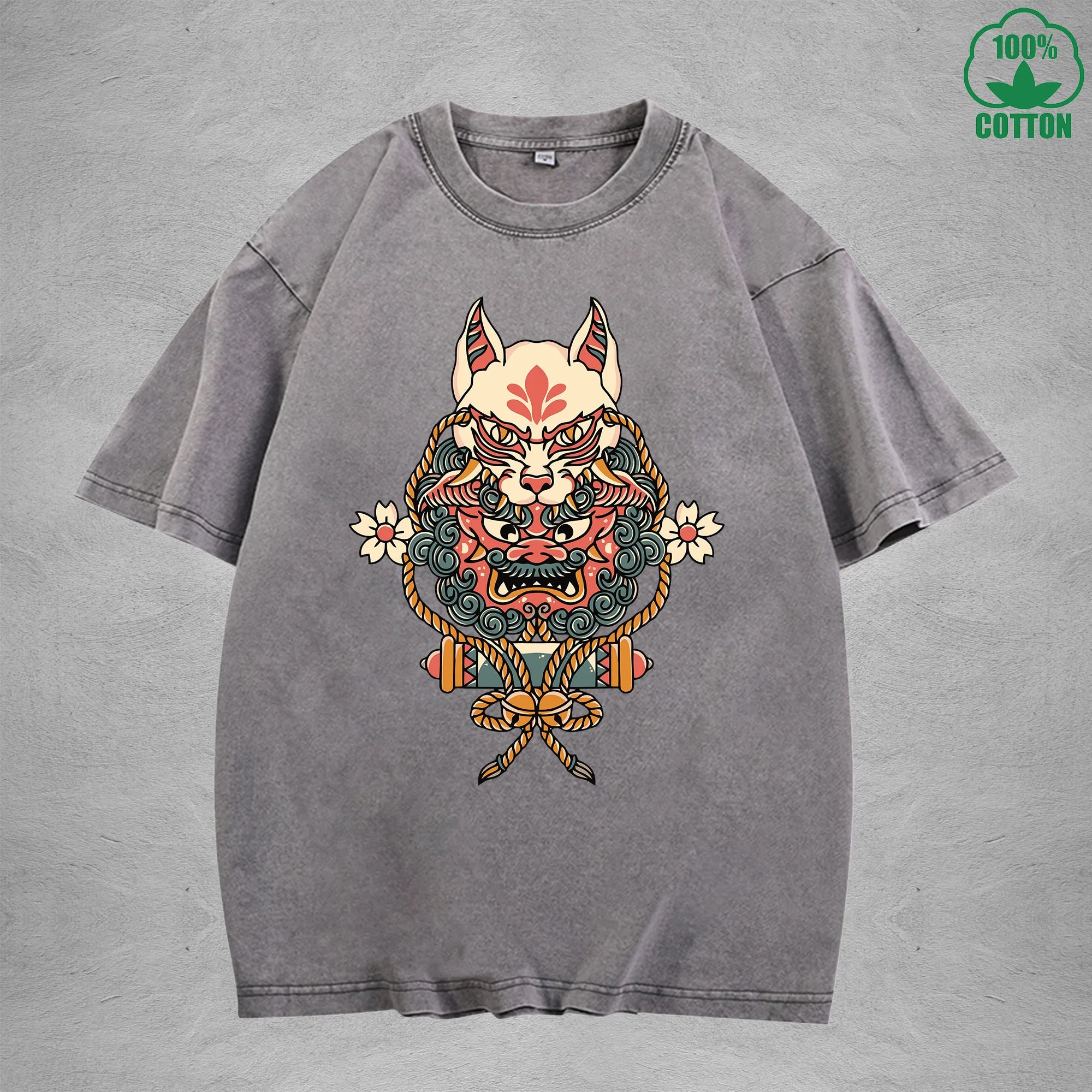 BOGGO  Demon MaskInterest Printed Washed T-Shirt 230G Multicolor Loose Trendy Fashionable 100%Cotton Short Sleeve Top
