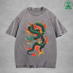 BOGGO  Eastern DragonInterest Printed Washed T-Shirt 230G Multicolor Loose Trendy Fashionable 100%Cotton Short Sleeve Top