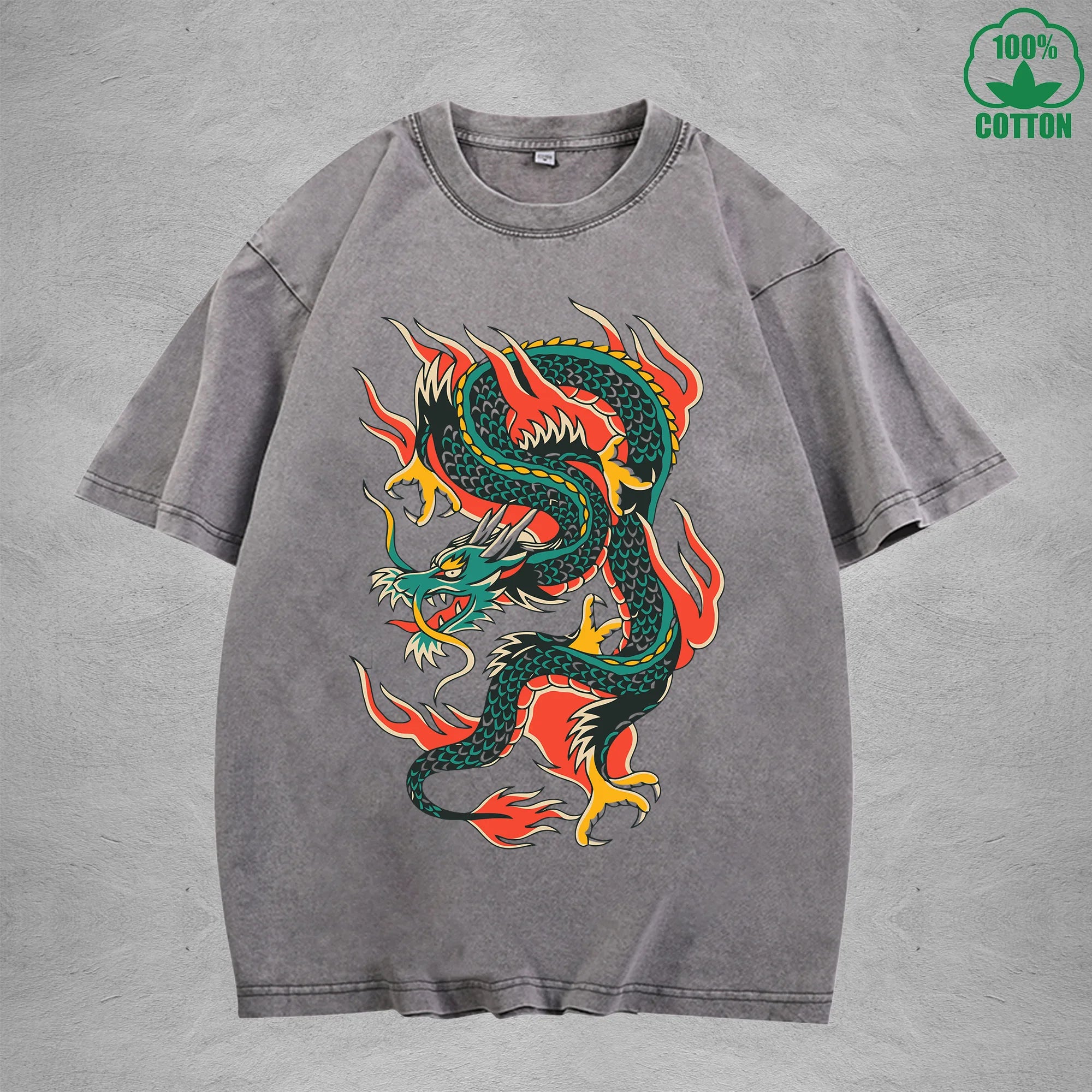 BOGGO  Eastern DragonInterest Printed Washed T-Shirt 230G Multicolor Loose Trendy Fashionable 100%Cotton Short Sleeve Top