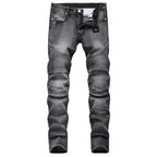 BOGGO Men's New Casual Motorcycle Jeans Hip Hop Street Riding Stretch Slim Fit Straight Pants Patchwork Fashion Denim Trousers Male