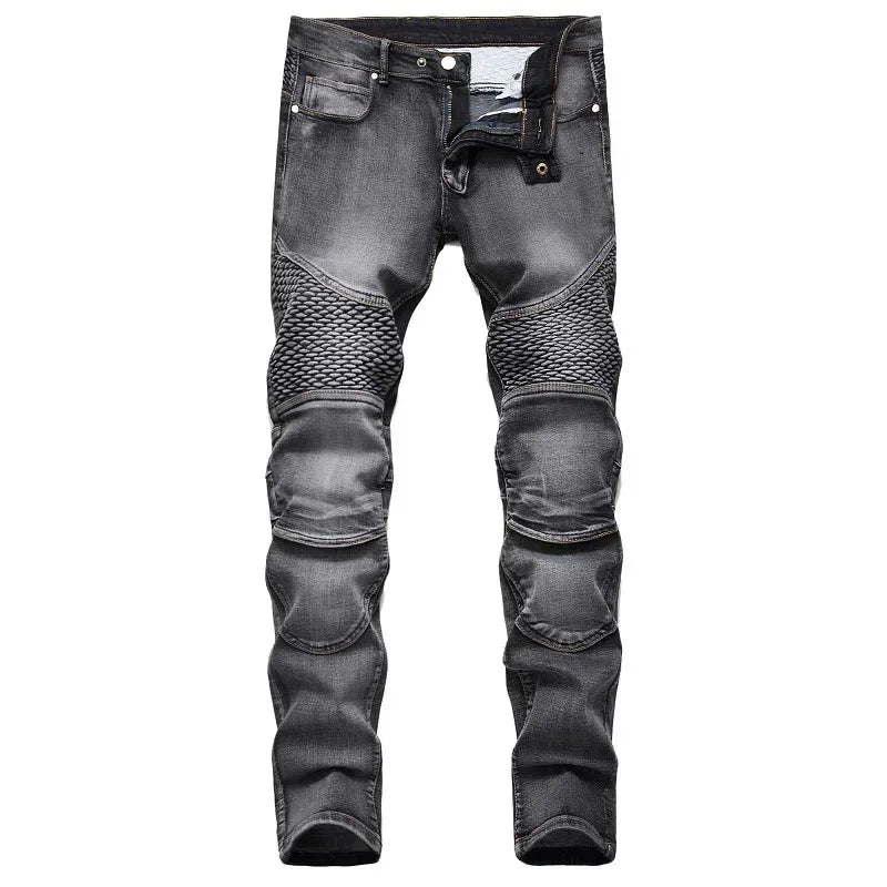 BOGGO Men's New Casual Motorcycle Jeans Hip Hop Street Riding Stretch Slim Fit Straight Pants Patchwork Fashion Denim Trousers Male