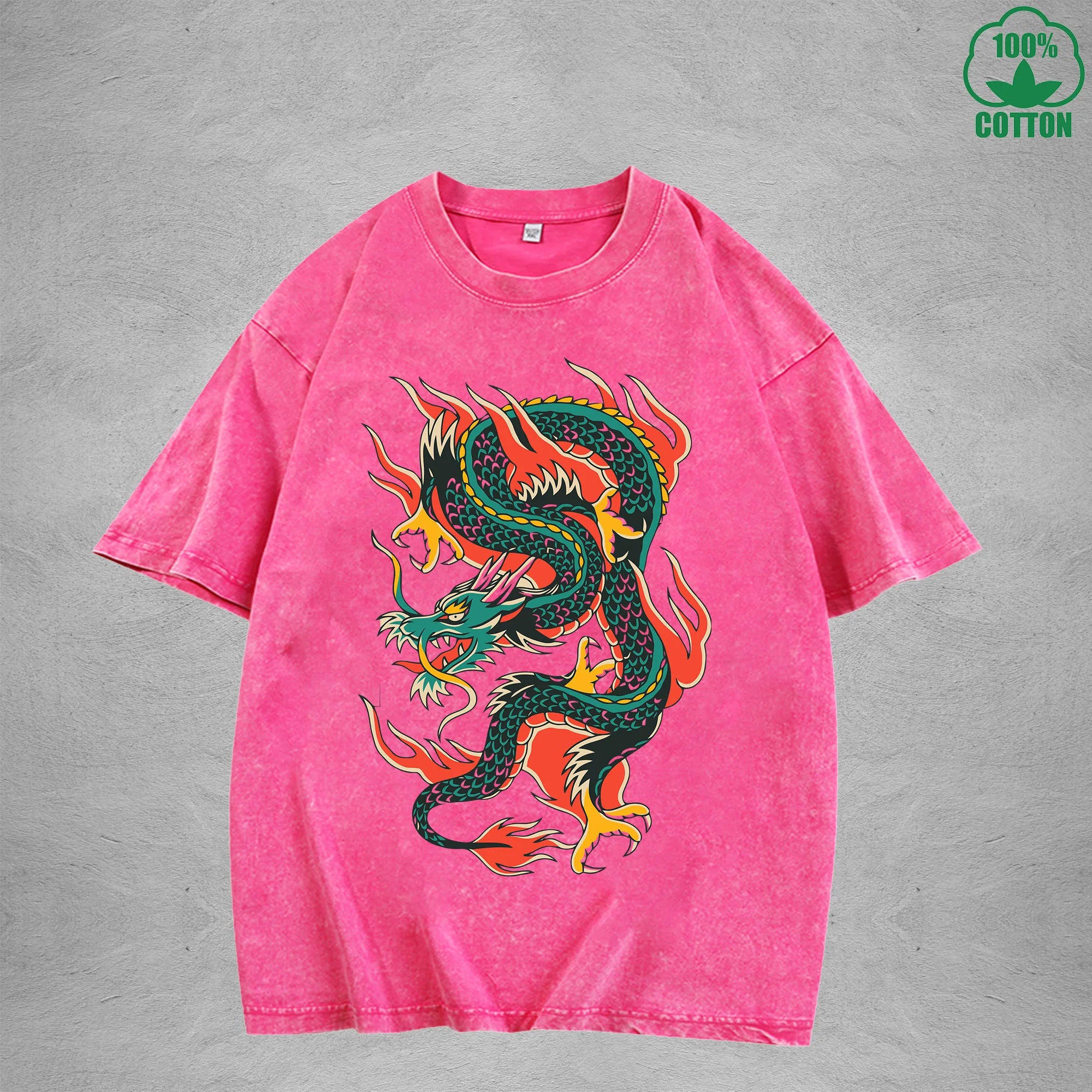 BOGGO  Eastern DragonInterest Printed Washed T-Shirt 230G Multicolor Loose Trendy Fashionable 100%Cotton Short Sleeve Top