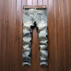 New Men's Hip Hop High Street Motorcycle Jeans Badge Distressed Ripped Denim Trousers Male Non-stretch Straight Slim Fit Jeans