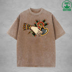 BOGGO  Thorny RoseInterest Printed Washed T-Shirt 230G Multicolor Loose Trendy Fashionable 100%Cotton Short Sleeve Top