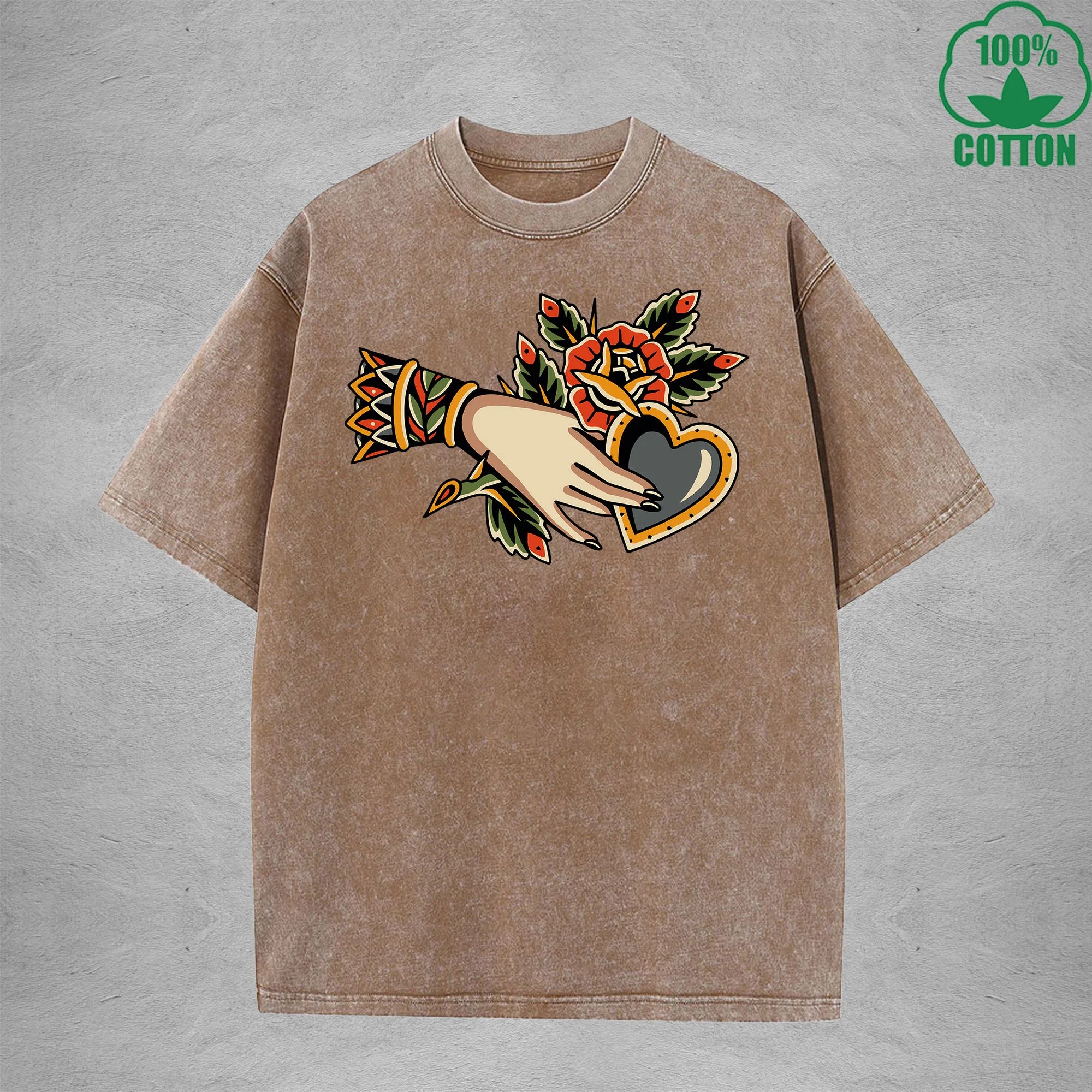 BOGGO  Thorny RoseInterest Printed Washed T-Shirt 230G Multicolor Loose Trendy Fashionable 100%Cotton Short Sleeve Top