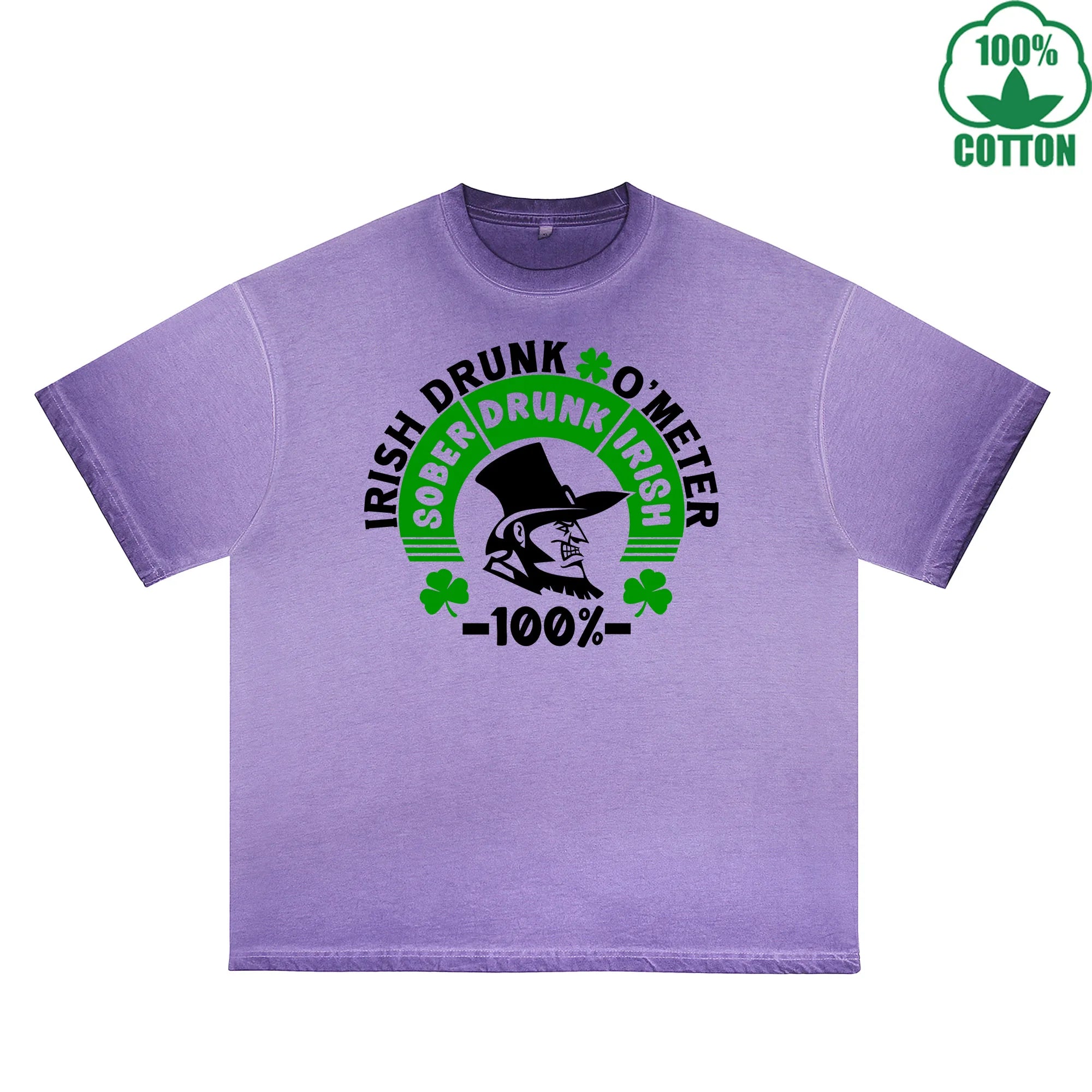 BOGGO  Irish Drunk Meter Printed Dirty Wash T-Shirt 230G Multicolor Loose Trendy Fashionable 100%Cotton Short Sleeve Top