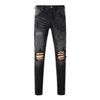 BOGGO High Street Men's Jeans American Distressed Dark Black Coated Blank Stretch Skinny Button Fly Ripped Pants Trousers