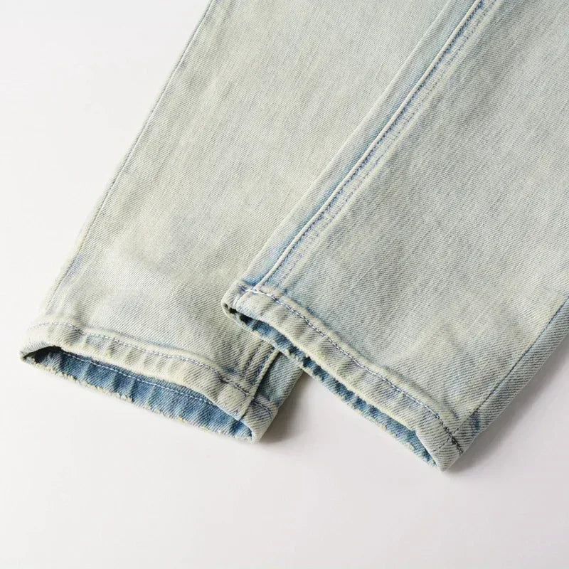 New KSUBI Jeans Men Paint Hole Trendy American High Street  Trend Low Rise Stretch Skinny Pleated Ripped Jeans