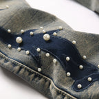 BOGGO Men's Pearl Boot Cut Denim Jeans Embroidery Patch Slim Flared Pants Casual Streetwear Vintage Blue Trousers