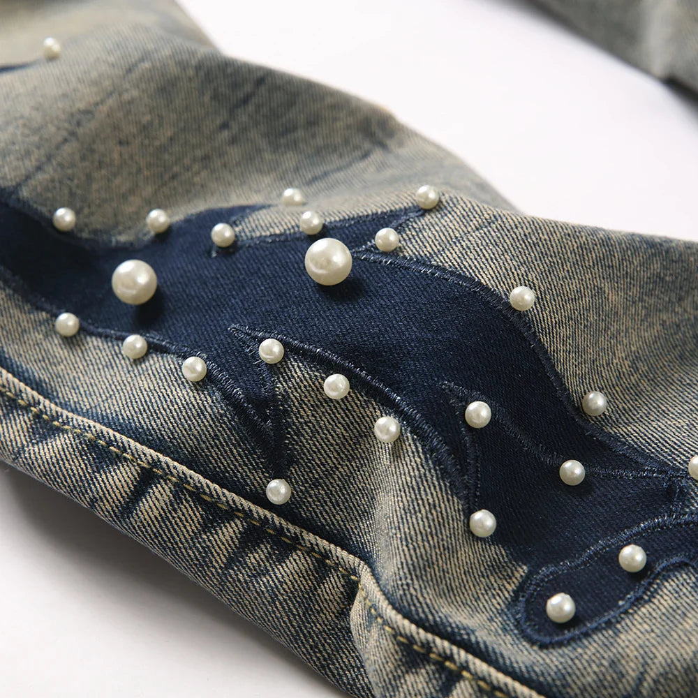 BOGGO Men's Pearl Boot Cut Denim Jeans Embroidery Patch Slim Flared Pants Casual Streetwear Vintage Blue Trousers