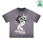 BOGGO  Japanese Printed Dirty WashT-Shirt 230G Multicolor Loose Trendy Fashionable 100%Cotton Short Sleeve Top
