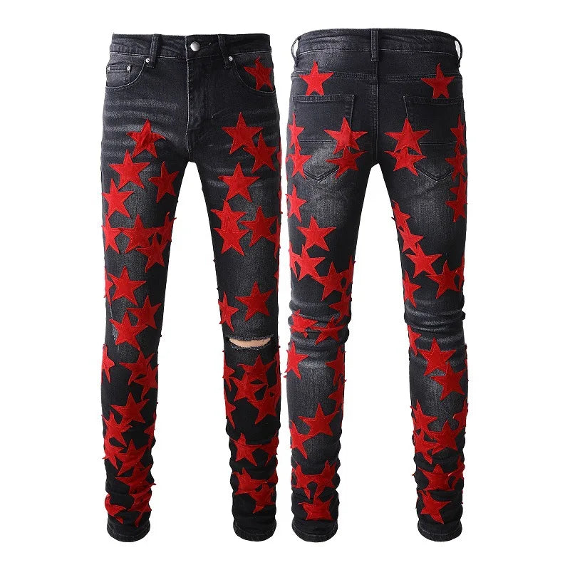BOGGO Men Jean Denim Pencil Pants Stretch Jeans Ankle Length Trousers Washed High Street Mid Waist Pockets Slim Print Spring 2026