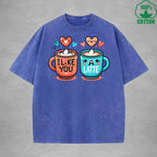 BOGGO  I Like You A LatteInterest Printed Washed T-Shirt 230G Loose Trendy Fashionable 100%Cotton Short Sleeve Top