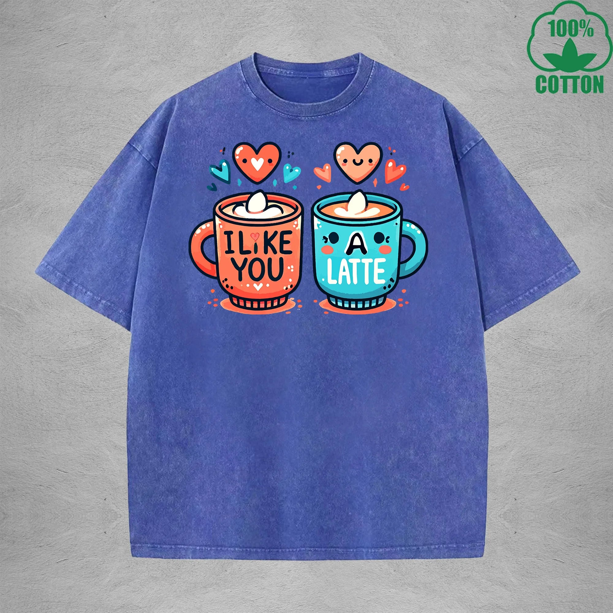 BOGGO  I Like You A LatteInterest Printed Washed T-Shirt 230G Loose Trendy Fashionable 100%Cotton Short Sleeve Top