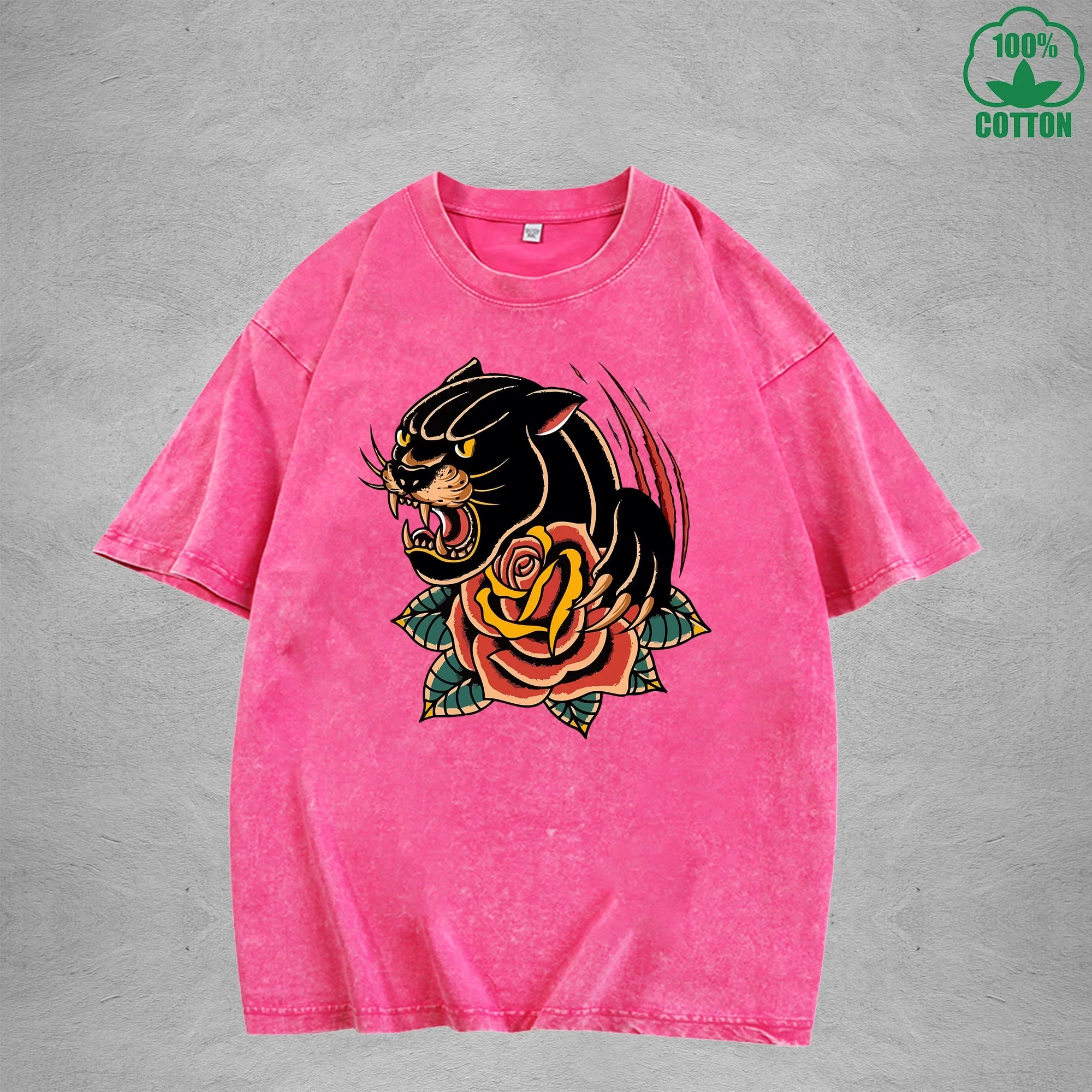 BOGGO  Black PantherInterest Printed Washed T-Shirt 230G Multicolor Loose Trendy Fashionable 100%Cotton Short Sleeve Top