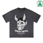 BOGGO  True Devil Printed Dirty WashT-Shirt 230G Multicolor Loose Trendy Fashionable 100%Cotton Short Sleeve Top