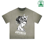 BOGGO  Japanese Printed Dirty WashT-Shirt 230G Multicolor Loose Trendy Fashionable 100%Cotton Short Sleeve Top