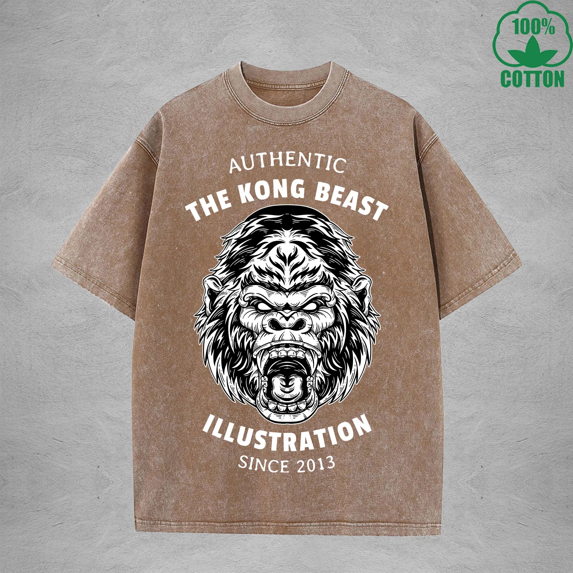 BOGGO  Angry GorillaInterest Printed Washed T-Shirt 230G Multicolor Loose Trendy Fashionable 100%Cotton Short Sleeve Top