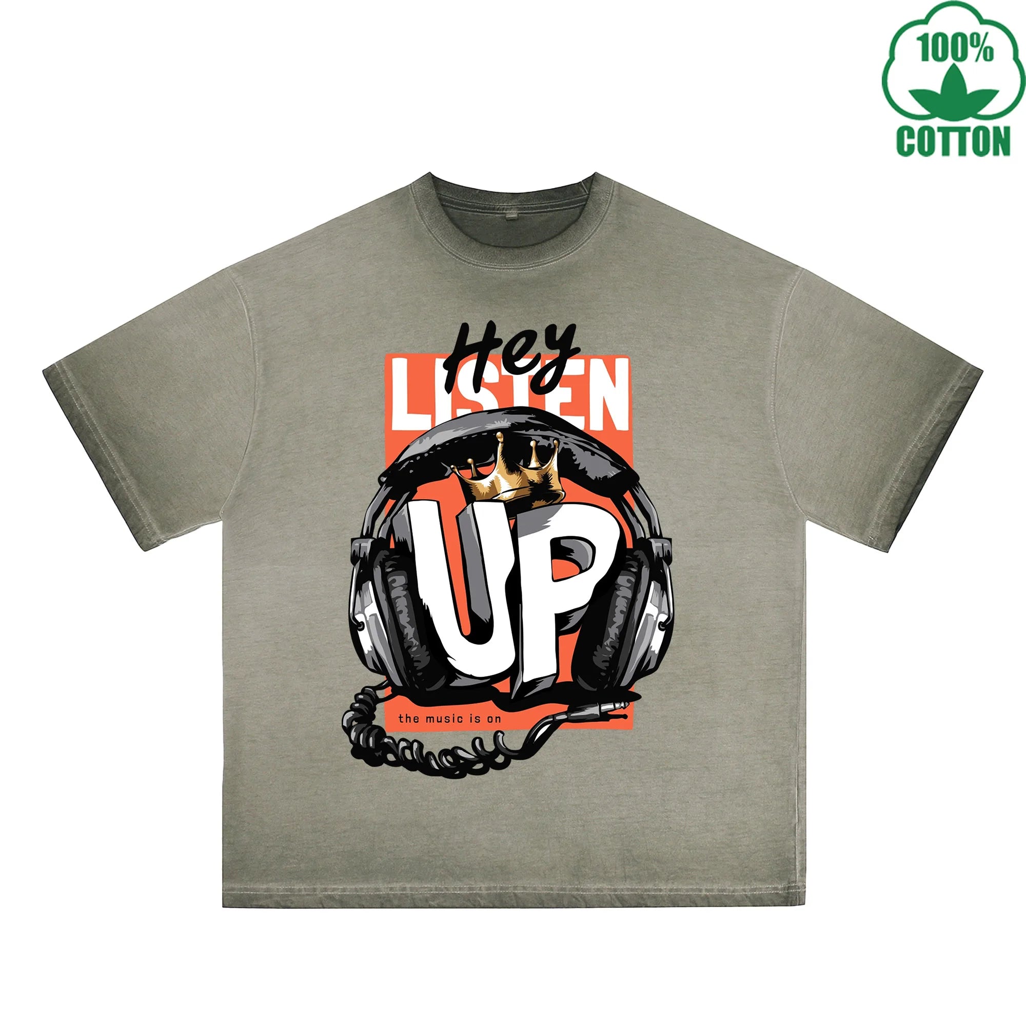 BOGGO  Hey Listen UP Printed Dirty WashT-Shirt 230G Multicolor Loose Trendy Fashionable 100%Cotton Short Sleeve Top