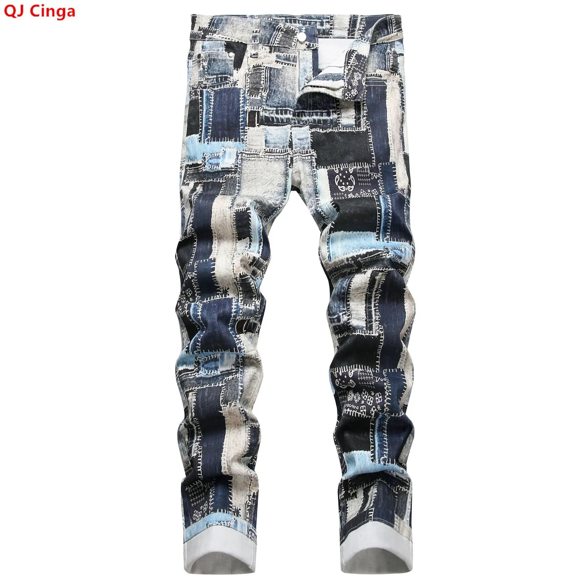 BOGGO Best-selling Men's Stretch Jeans, Blue Checkered Denim Pants, Casual Trousers in Asian Sizes.