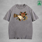 BOGGO  Thorny RoseInterest Printed Washed T-Shirt 230G Multicolor Loose Trendy Fashionable 100%Cotton Short Sleeve Top