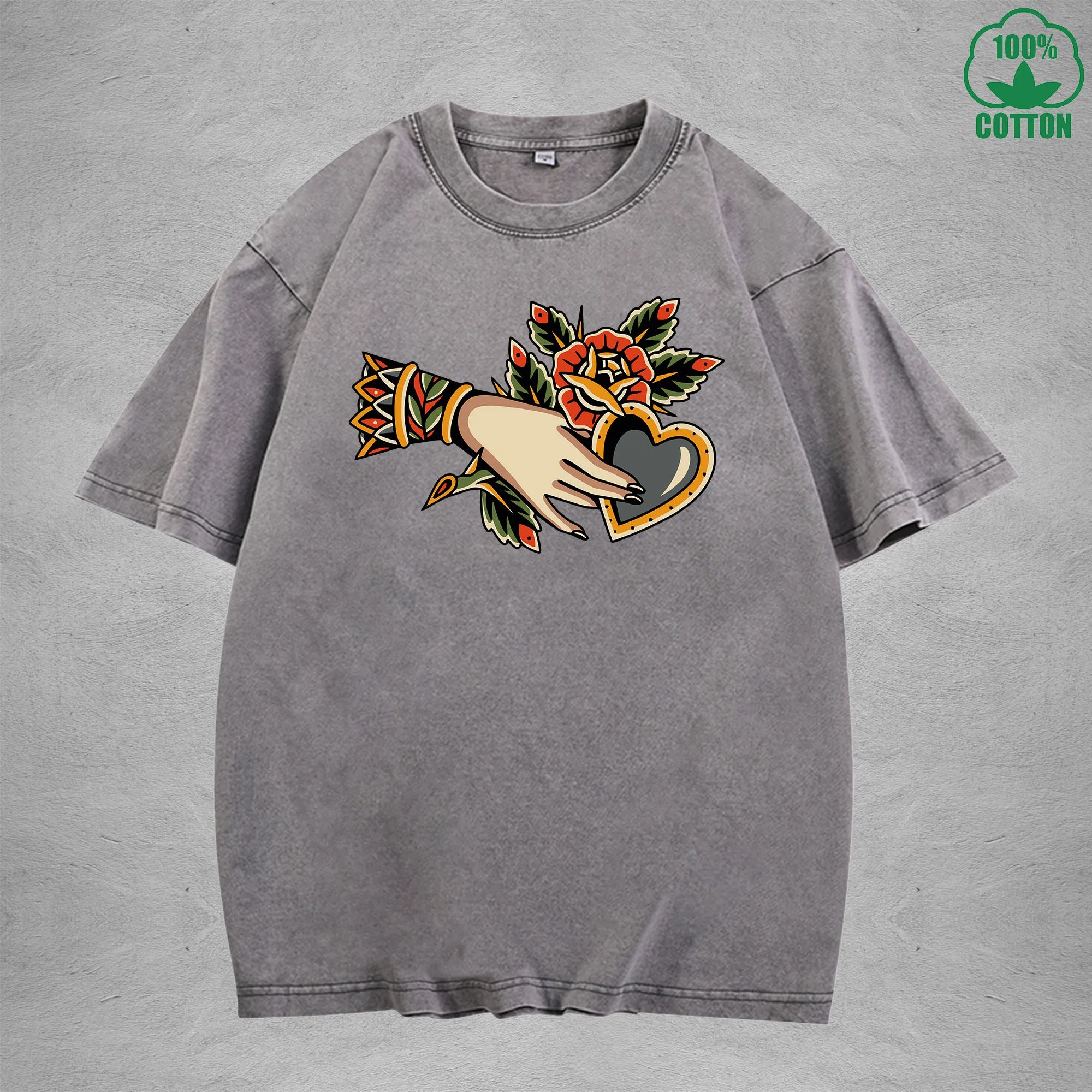 BOGGO  Thorny RoseInterest Printed Washed T-Shirt 230G Multicolor Loose Trendy Fashionable 100%Cotton Short Sleeve Top