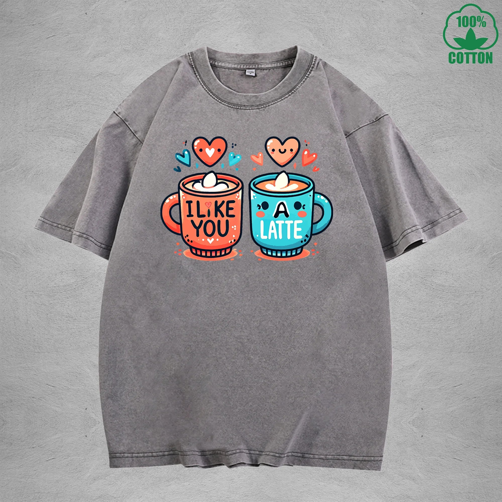 BOGGO  I Like You A LatteInterest Printed Washed T-Shirt 230G Loose Trendy Fashionable 100%Cotton Short Sleeve Top