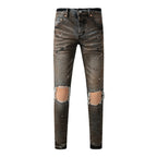 BOGGO High Street Men's Jeans American Distressed Dark Black Coated Blank Stretch Skinny Button Fly Ripped Pants Trousers