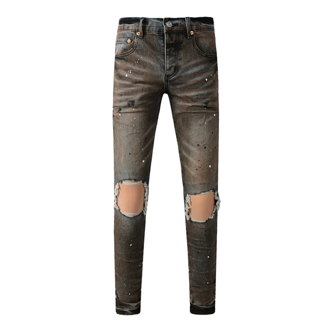 BOGGO High Street Men's Jeans American Distressed Dark Black Coated Blank Stretch Skinny Button Fly Ripped Pants Trousers