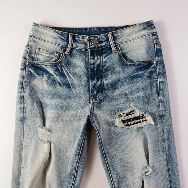 BOGGO Men Paisley Bandana Print Patch Jeans Streetwear High Stretch Denim Pants Holes Ripped Patchwork Skinny Tapered Trousers