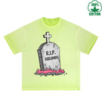 BOGGO  RIP Feelings Printed Dirty Wash T-Shirt 230G Multicolor Loose Trendy Fashionable 100%Cotton Short Sleeve Top