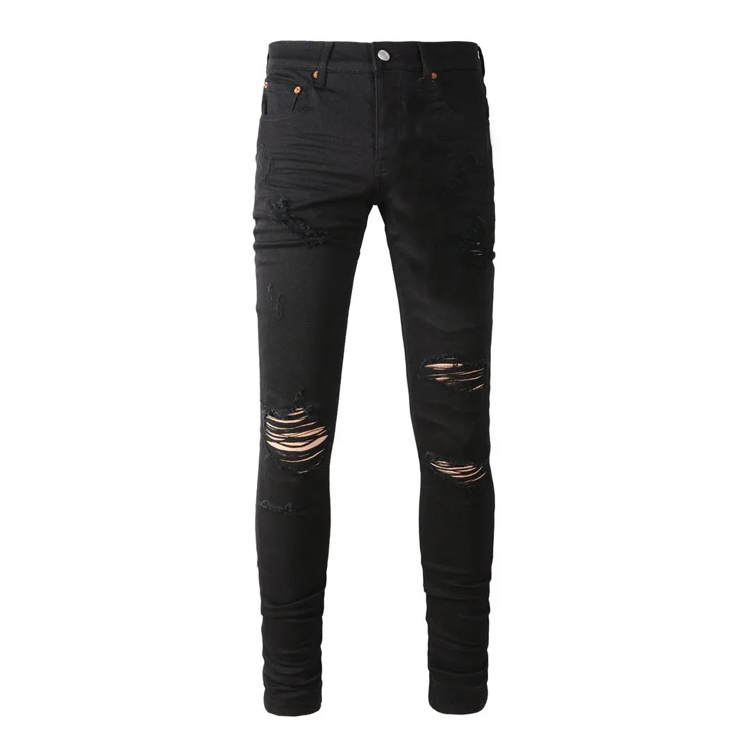 BOGGO High Street Men's Jeans American Distressed Dark Black Coated Blank Stretch Skinny Button Fly Ripped Pants Trousers