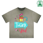 BOGGO  Thank You Printed Dirty WashT-Shirt 230G Multicolor Loose Trendy Fashionable 100%Cotton Short Sleeve Top