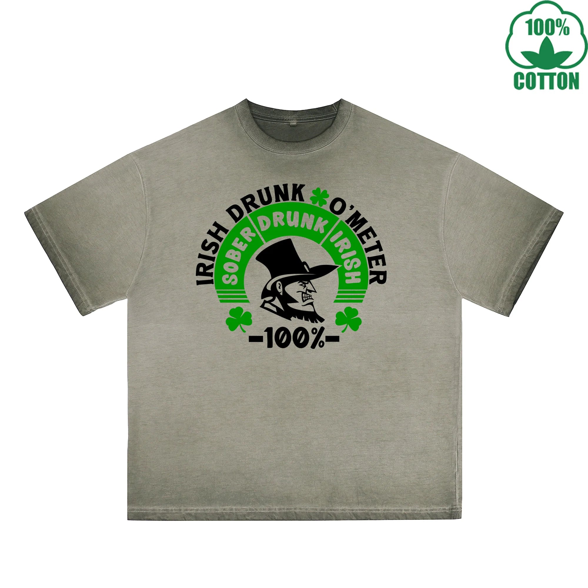 BOGGO  Irish Drunk Meter Printed Dirty Wash T-Shirt 230G Multicolor Loose Trendy Fashionable 100%Cotton Short Sleeve Top
